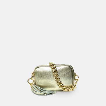 the mini tassel gold leather phone bag with gold chain strap