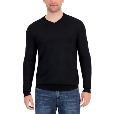 mens ribbed trim  extra fine merino wool v-neck sweater