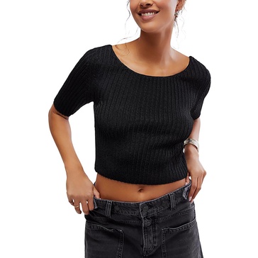 womens textured short sleeves crop sweater