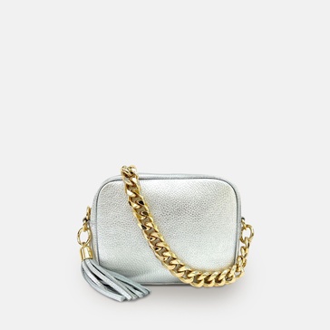 silver leather crossbody bag with gold chain strap