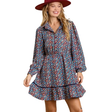 collared neckline button down floral print dress with crochet trimmed details