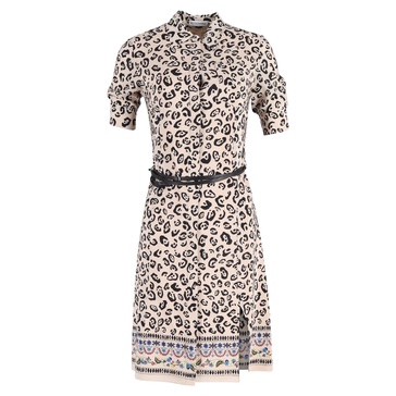 animal print knee-length belted shirt dress in cream silk