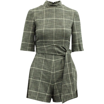 virgil check print tie belt playsuit in black viscose