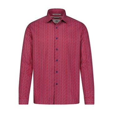 red with indigo dot print hidden button down long sleeve shirt