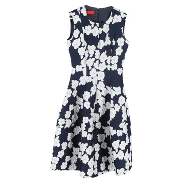 floral print knee-length dress in navy and white polyester