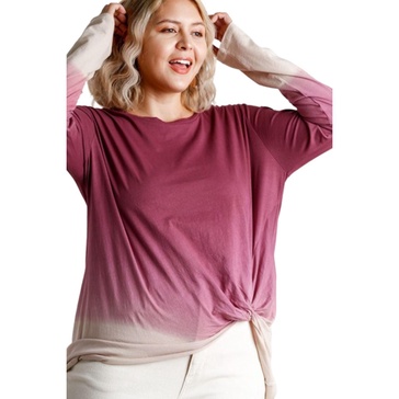 ombre print long sleeve top with gathered front detail and raw hem