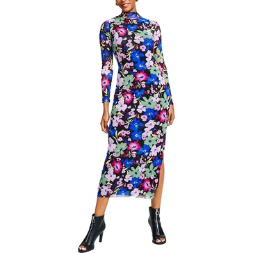 petites womens floral print mock neck midi dress