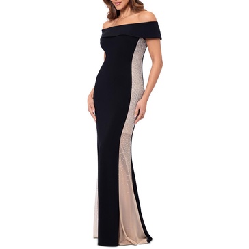 petites womens beaded polyester evening dress