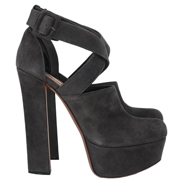 cross strap chunky heel platform pumps in grey suede