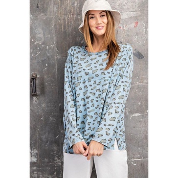 leopard printed garment dye loose fit knit top