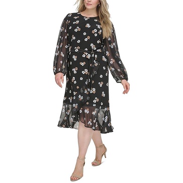 plus womens floral print ruffled hem sheath dress
