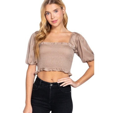 elbow sleeve straight neck smocking w/ruffle detail woven top
