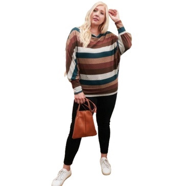 boat neck long bubble sleeve multi stripe print knit top