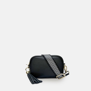 the mini tassel black leather phone bag with black & silver chevron strap
