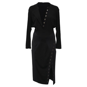panelled long sleeve buttoned dress in black wool