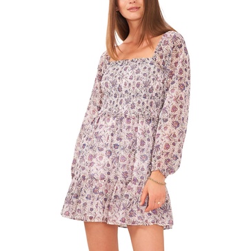 womens smocked bodice long sleeve babydoll dress