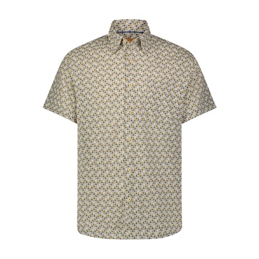beige with teal with army green circle and black x marks short sleeve shirt