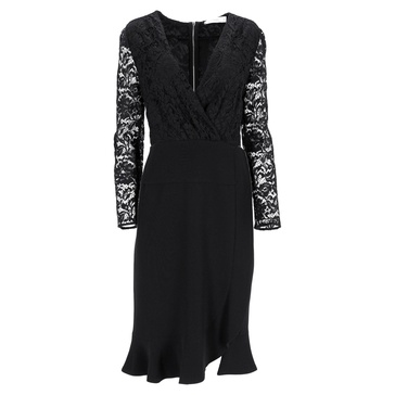 lace detail knee-length ruffled dress in black triacetate