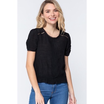 short shirring slv pleated woven top