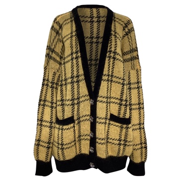 checkered buttoned cardigan in yellow wool