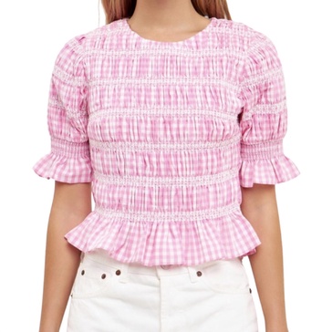 gingham smocked puffed sleeve top in pink