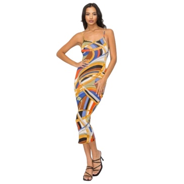 crossed back marble print multicolor midi dress