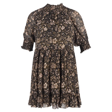paisley printed mock neck mini dress in brown silk