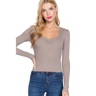 shirring sweatheart neck sweater