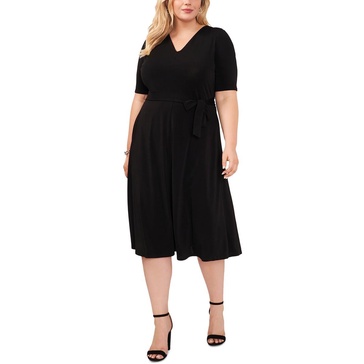 plus womens v-neck belted fit & flare dress