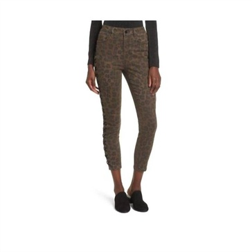 leopard print high rise side lace up ankle crop skinny jeans in brown, black