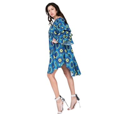 y ruffle sleeve smocking off shoulder print midi dress