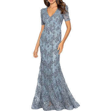 petites womens full length embroidered evening dress