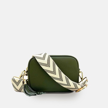 olive green leather crossbody bag with olive green arrow strap