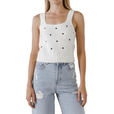 dot embroidered sweater tank in white/black