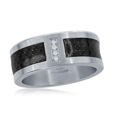 stainless steel black carbon fiber cz ring