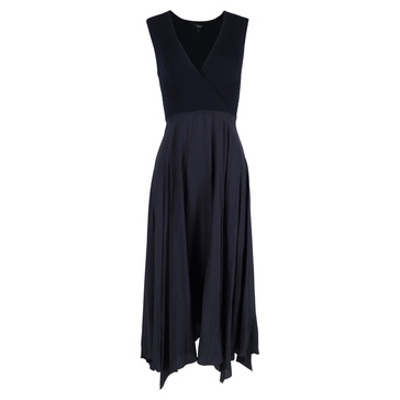 ribbed-knit midi deep v-neck dress in navy blue wool