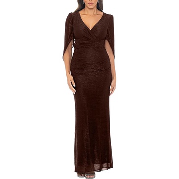 petites womens metallic long evening dress