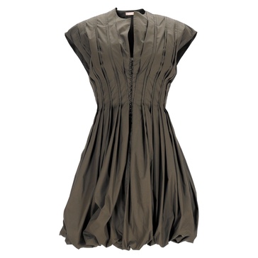 pleated mini balloon dress in khaki cotton