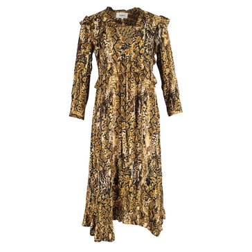snake print ruffled midi dress in yellow viscose