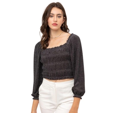 metallic fabric with crop smocked top and square neck