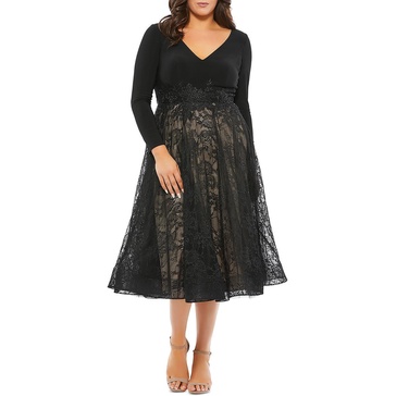 plus womens lace overlay v-neck cocktail and party dress