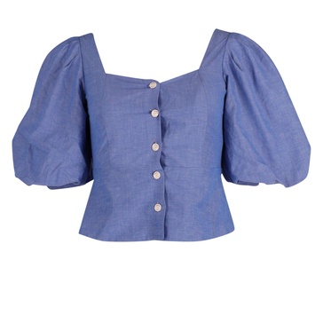 sandro mayan puffed sleeve shirred top in blue cotton