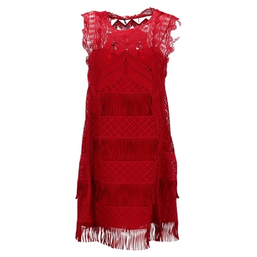 land and fringe detail mini dress in red acetate