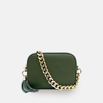 olive green leather crossbody bag with gold chain strap
