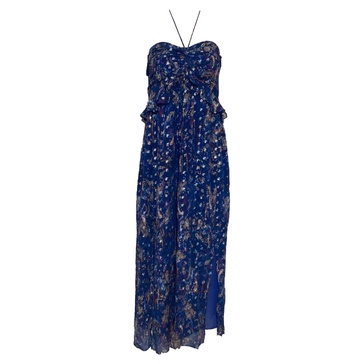 somov printed georgette halterneck midi dress in blue viscose
