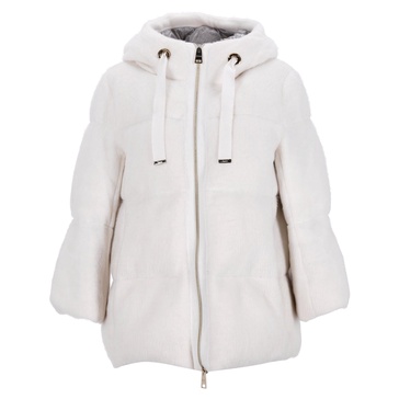hooded puffer jacket in white acrylic faux fur
