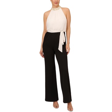 womens pearl neck blouson jumpsuit