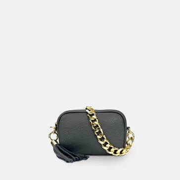 the mini tassel dark grey leather phone bag with gold chain strap