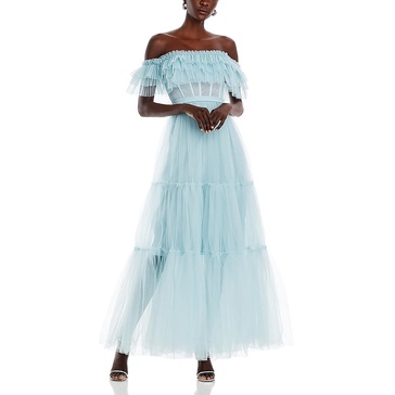 womens tiered off-the-shoulder evening dress