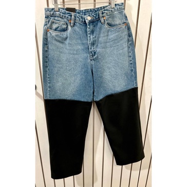 women's denim jeans with faux leather in blue/black